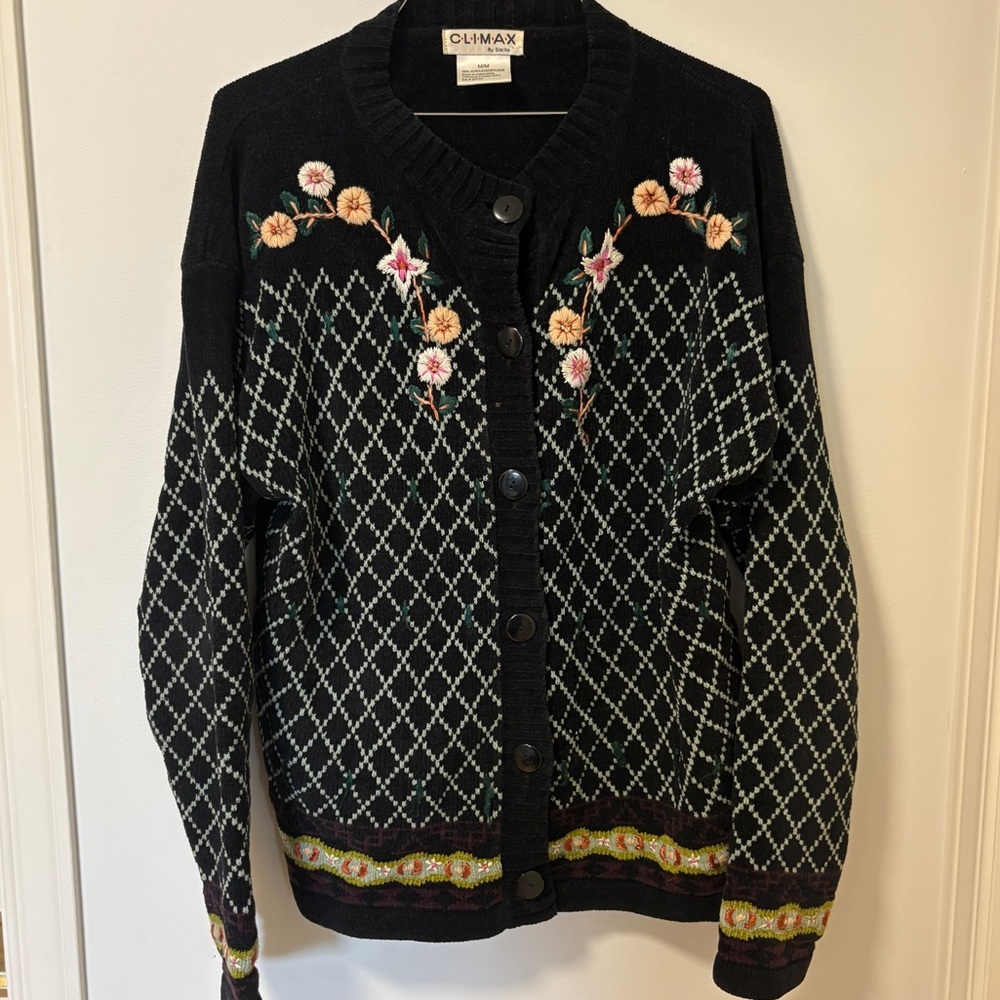 Vintage 90s Cardigan Sweater Women’s M Blue Fair Isle Geometric Diamond Floral